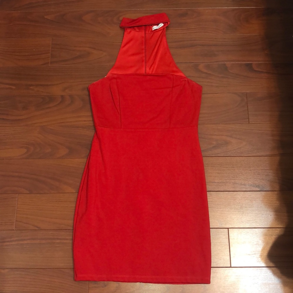 Red, off the shoulder dress with choker detail